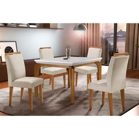 Conjunto Mesa de Cozinha Londrina Tampo Madeirado com Vidro 120x80cm e 4 Cadeiras Athenas Capuccino