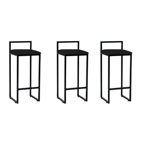 Kit 3 Banquetas Altas Industriais em Aço Dori Preto Assento Suede Preto - Cor: Preto