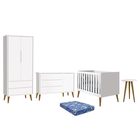 Dormitório Infantil Theo Retrô 2 Portas, Cômoda 1 Porta, Berço, Mesa de Apoio Branco com Pés Amadeir