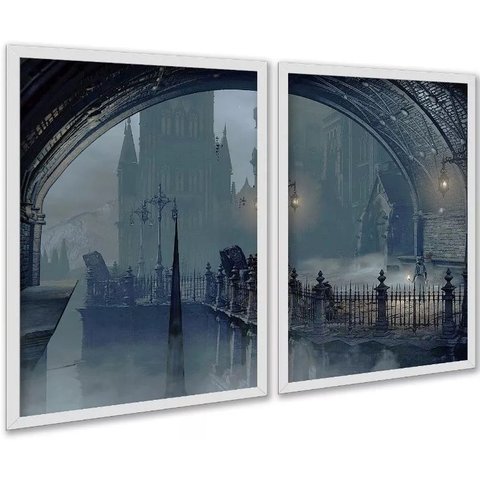 Kit 2 Quadros Decorativos Ponte Sombrio Noturno 33x24cm:moldura Branca