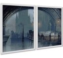 Ver imagem 1 de Kit 2 Quadros Decorativos Ponte Sombrio Noturno 33x24cm:moldura Branca
