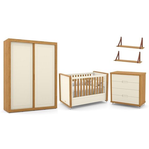 Dormitório Tutto New 2 Portas, Cômoda, Berço Off White/Freijó e Prateleiras - Matic Móveis
