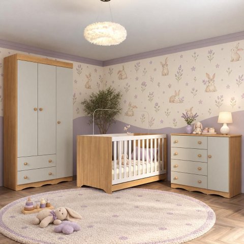 Quarto de Bebê Completo com Berço Americano 3 em 1/Guarda-Roupa/Cômoda Flor Multimóveis MP4942