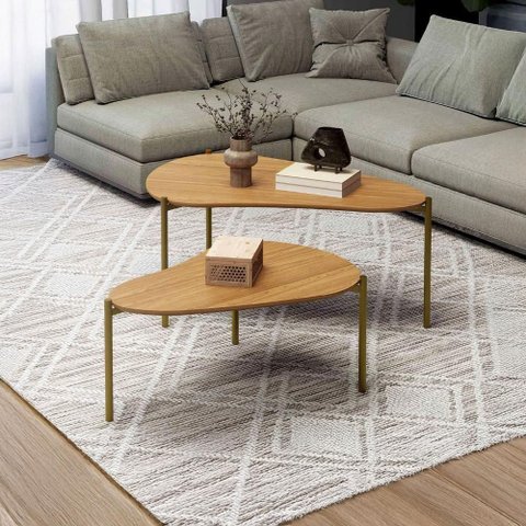 Mesa de Centro Mesa de Centro MDF Aço 92cm Freijó 2un Sala de Estar Dalla Costa Móveis