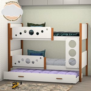 Beliche Solteiro Star com Cama Auxiliar Branco com Mel Acompanha Luminária Nuvem