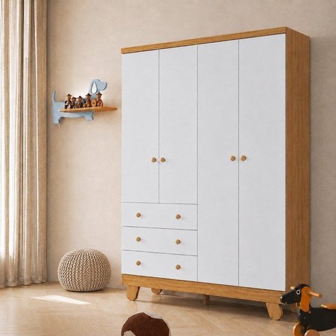 Guarda-Roupa Infantil 4 Portas 3 Gavetas 100% MDF 122cm Espresso Móveis Amêndoa/Branco Brilho