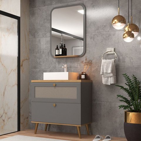 Gabinete de Banheiro 80cm com Cuba e Espelho Ref 800 Cewal - Cinza Sagrado/itapuã