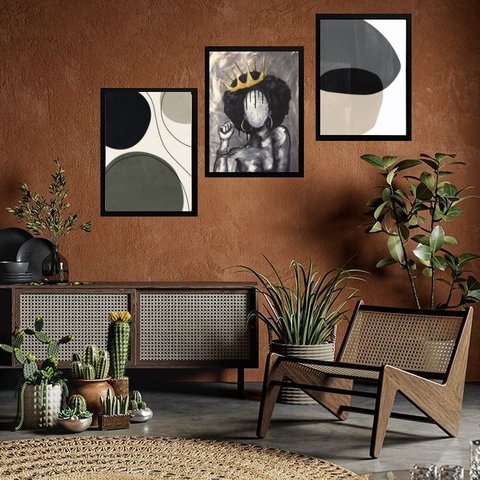 Kit 3 Quadros Arte Mulher Negra Cinza e Preto 24x18cm - com Vidro:madeira Preta