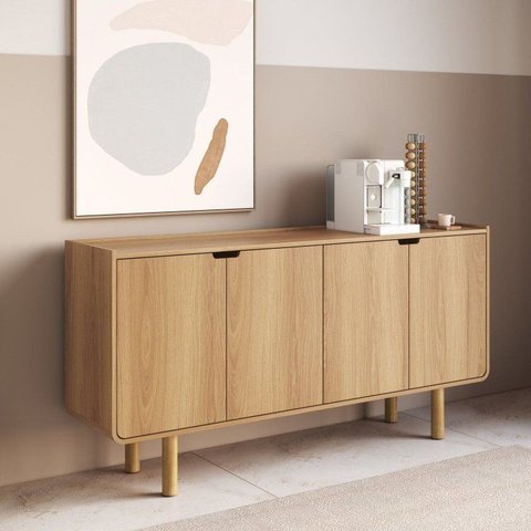 Aparador Buffet Orgânico Curvo 4 Portas 160cm 100% BP com Pés Cilíndricos em Madeira Maciça Aura