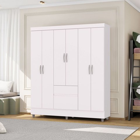 Guarda Roupa Casal Abruzzo 6 Portas de Bater 2 Gavetas com Cabideiro Branco G98 - Gran Belo