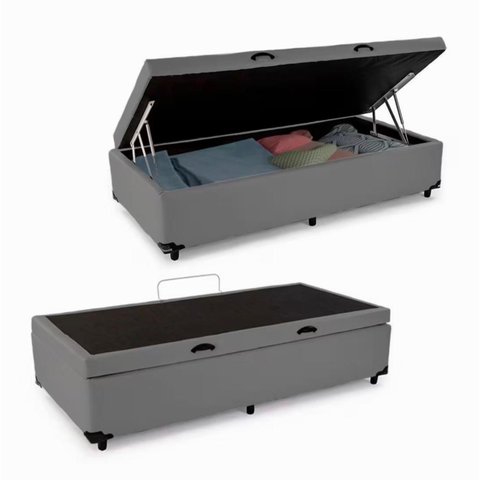 Cama Báu Box Base Solteiro Sintético Cinza com Pistões a Gás.