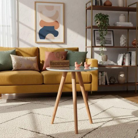 Mesa de Canto Pés Palito Redondo MDF Madeira Maciça 60cm Branco