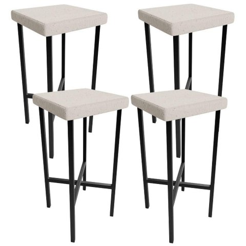Kit 04 Banquetas Alta Bar Cozinha Sala de Jantar Preto Stella L02 Linho Cru - Lyam Decor