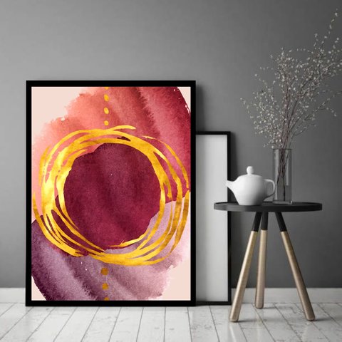 Quadro Decorativo Abstrato Círculo Dourado - 70x50cm:moldura Preta