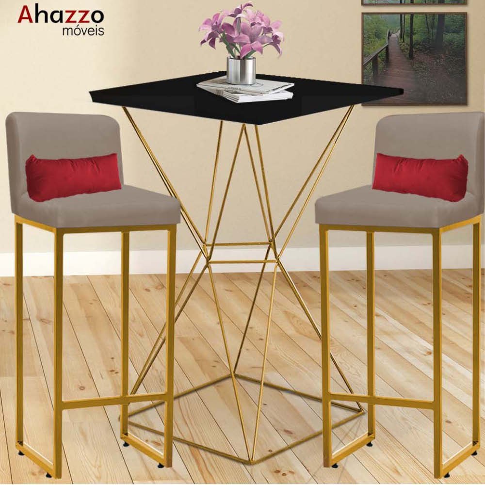 Kit Mesa Bistrô Lucca e 3 Banqueta Lucca Tampo Preto Ferro Dourado Sintético Bege e Almofada Vermelh - 2