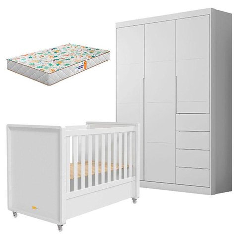 Berço Americano Tutto New e Guarda Roupa Infantil Eloá Branco Acetinado com Colchão Gazin -