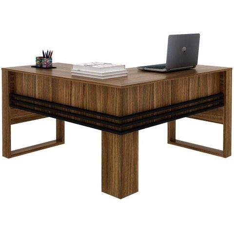 Mesa de Canto para Escritório em L Angular Detalhe Ripado Nogal/preto
