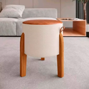 Ver imagem 7 de Conjunto 2 Puff Banqueta Redonda Couro Linho Bege com Pés de Madeira – Sala, Quarto e Penteadeira