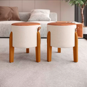 Ver imagem 6 de Conjunto 2 Puff Banqueta Redonda Couro Linho Bege com Pés de Madeira – Sala, Quarto e Penteadeira