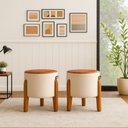 Ver imagem 3 de Conjunto 2 Puff Banqueta Redonda Couro Linho Bege com Pés de Madeira – Sala, Quarto e Penteadeira