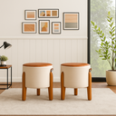 Ver imagem 2 de Conjunto 2 Puff Banqueta Redonda Couro Linho Bege com Pés de Madeira – Sala, Quarto e Penteadeira