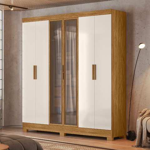 Guarda Roupa Roupeiro Casal Valença 6 Portas 2 Gavetas com Vidro Reflecta Freijó Off White Moval