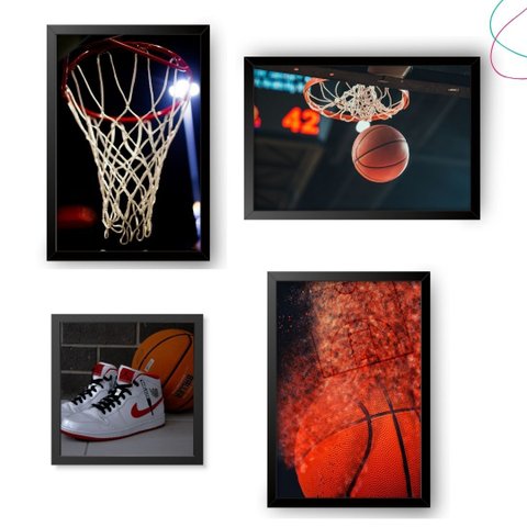 Kit com 4 Quadros Decorativos Basquete Loucos por Basquete:preta