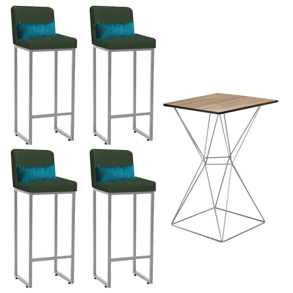 Kit Mesa Bistrô Lucca e 4 Banqueta Lucca Tampo Madeira Ferro Cinza Suede Verde e Almofada Azul Turqu - 1