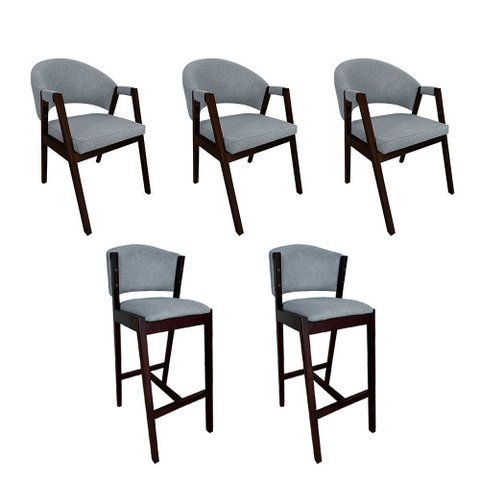 Kit 3 Cadeiras de Jantar Helen com 2 Banquetas Ana Madeira Maciça Castanho Premium Linho Cinza
