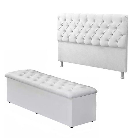 Cabeceira Mais Calçadeira Baú Casal Queen 160 Cm para Cama Box Sofia Corino Branco - Ds Móveis Ds Mo