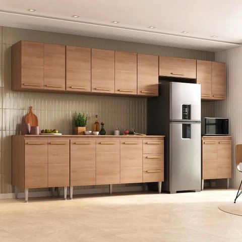 Cozinha Completa Modulada Jaguar 340cm Premium com Aéreo e Balcão - Madeirada Inteira