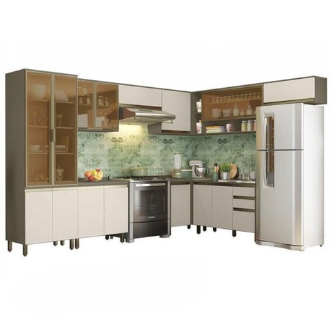 Cozinha Completa de Canto 9 Peças Connect Duna-Cristal com Cristaleira - Móveis Henn Duna-Cristal