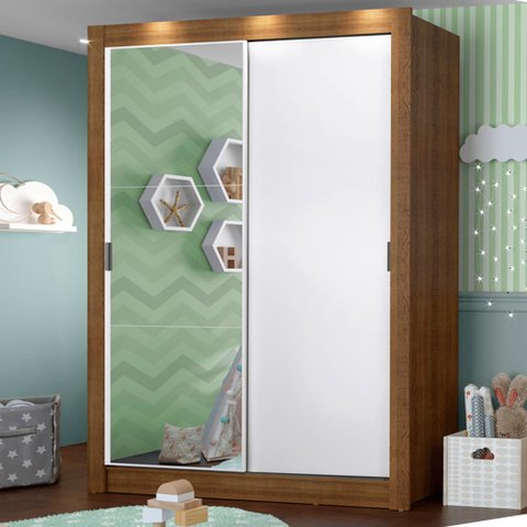 Guarda-Roupa Infantil Madesa Enzo 2 Portas de Correr com Espelho Rustic/Branco Cor:Rustic/Branco