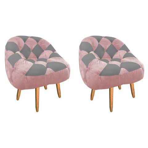 Kit 02 Poltrona Paloma Escritório Sala Pé Palito Suede Rosa Bebê e Suede Cinza - Dominic Decor