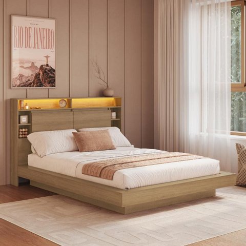 Cama de Casal/Queen Suspensa com LED 2 Portas e Nichos Multimóveis Crart-CAM004 Mel