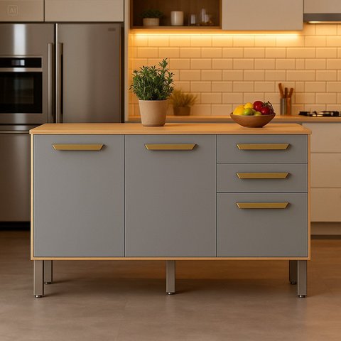 Balcão de Cozinha 3 Portas e 2 Gavetas Adele Cinza/Cinamomo/Acetinado