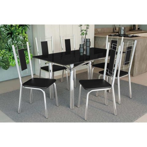 Conjunto: Mesa Sala Jantar Elba Tampo Madeirado C/ Vidro 160cm e 6 Cadeiras Florença Cromada/preto
