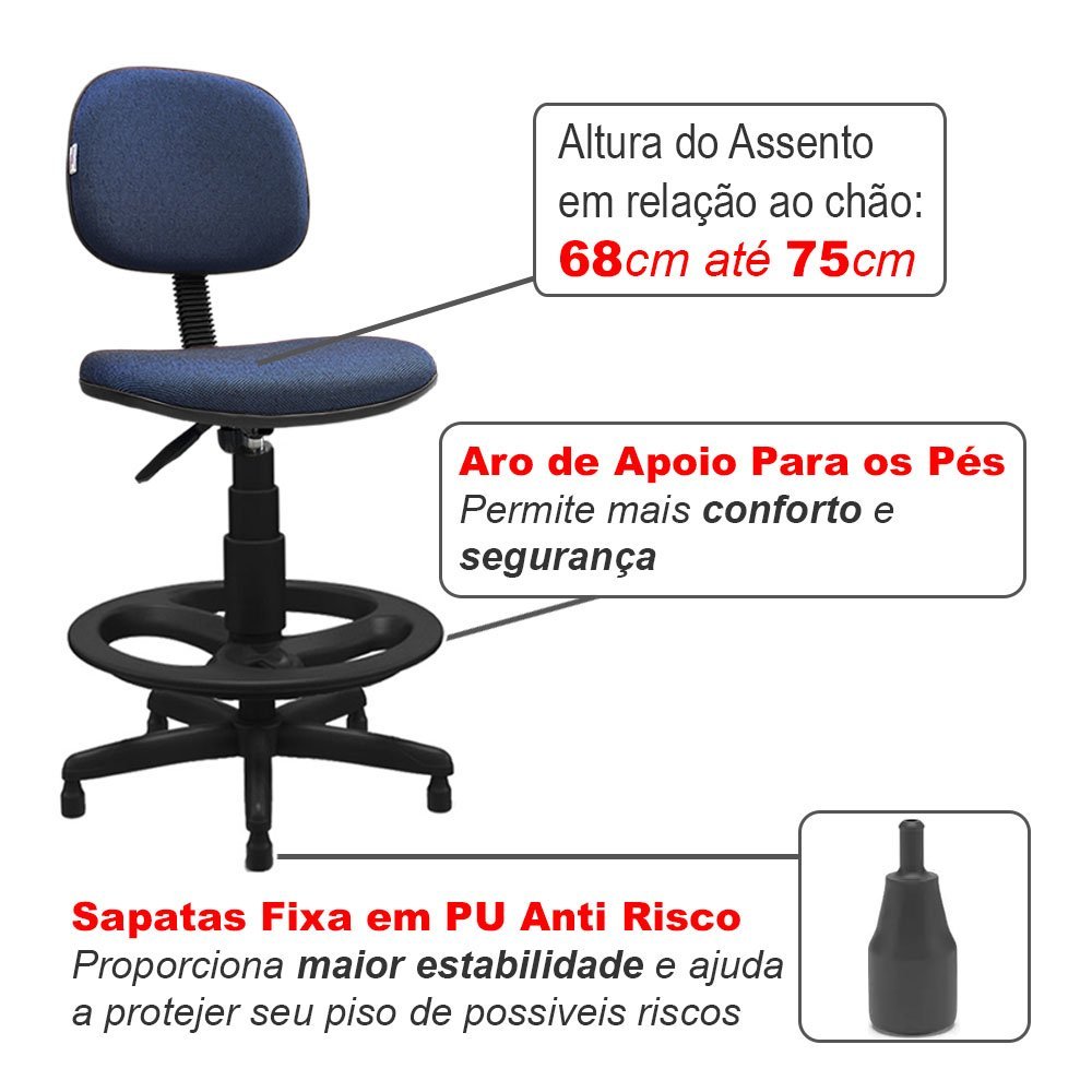 Cadeira Caixa Alta Secretária Giratória Para Balcão Mercado C/ Apoio Para Os Pés Azul Com Preto - 3