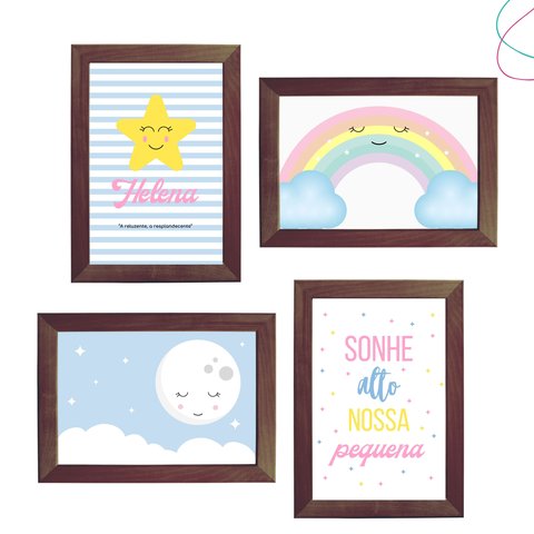 Kit com 4 Quadros Decorativos Infantil Arco-íris Céu Nuvem:tabaco
