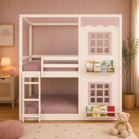 Beliche Montessori Infantil Casinha Reta com Janelas Madeira Maciça Branco Rosa Megamobília