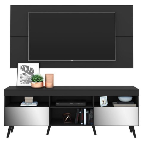 Rack Com Painel Tv 65" Retrô Com Espelho Flórida Multimóveis V3138 Preto Preto
