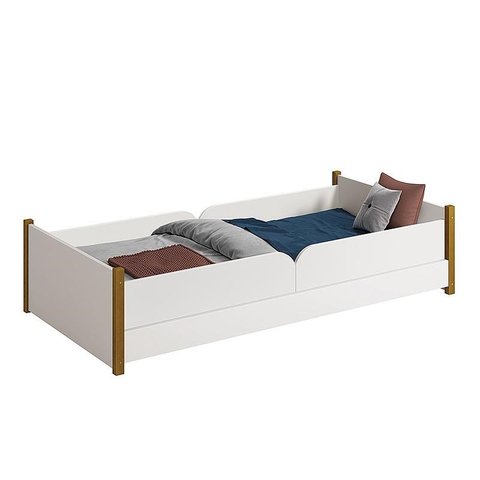 Cama Evolutiva Ravi Branco com Pés Amadeirado, 2 Kits Grade Lateral Lisa e Colchão D20 - Reller Móve
