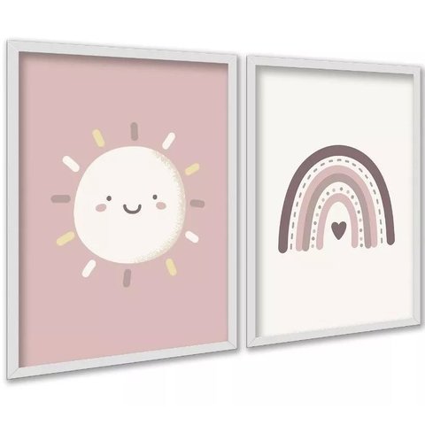 Kit 2 Quadros Infantis Sol e Arco-íris Rosê 33x24cm:moldura Branca