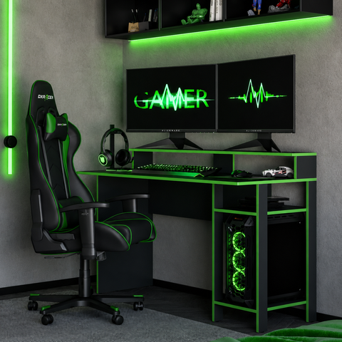 Mesa Gamer para Computador 136cm 3 Prateleiras Vulcano Preto/Verde - Mademóvel