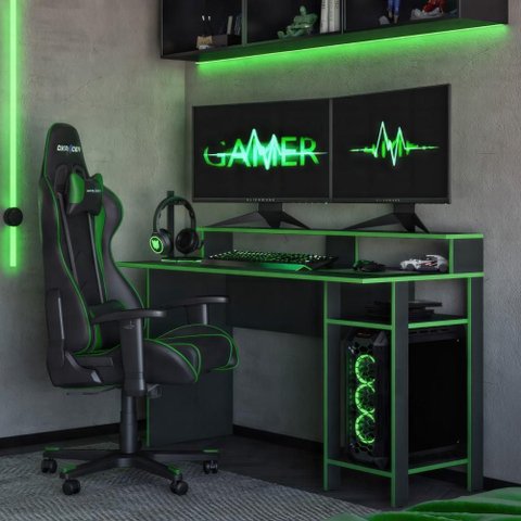 Mesa Escrivaninha Gamer para Computador Vulcano 3 Prateleiras 136cm Cor Preto/Verde - Mademóvel