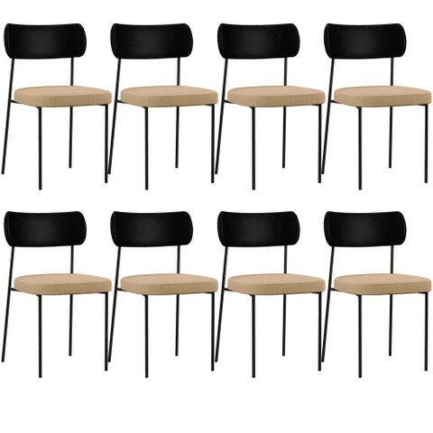 Kit 08 Cadeiras para Sala de Jantar Melina L02 Couríssimo Preto Linho Bege Escuro - Lyam Decor