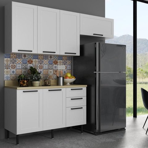 Cozinha Compacta Mdf 3 Peças com Armários e Balcão com Tampo Multimóveis Cr20456 Branco/carvalho