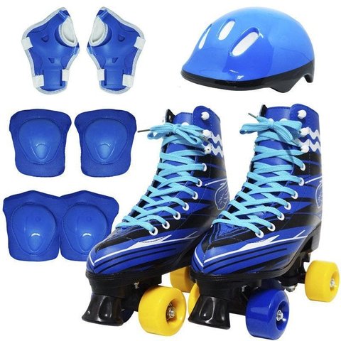 Kit Patins Clássico Quad 4 Rodas Roller + Acessórios Masculino Azul Tam 29 Importway BW-021-AZ