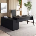Ver imagem 1 de Mesa L Diretor com Armário Lateral 3 Gavetas 180cm Industrial Tampo Chanfrado Pés em Metal Executive