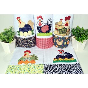 Kit Pano de Prato em Patchwork com 5 pçs - Galinhas Arte & Tear